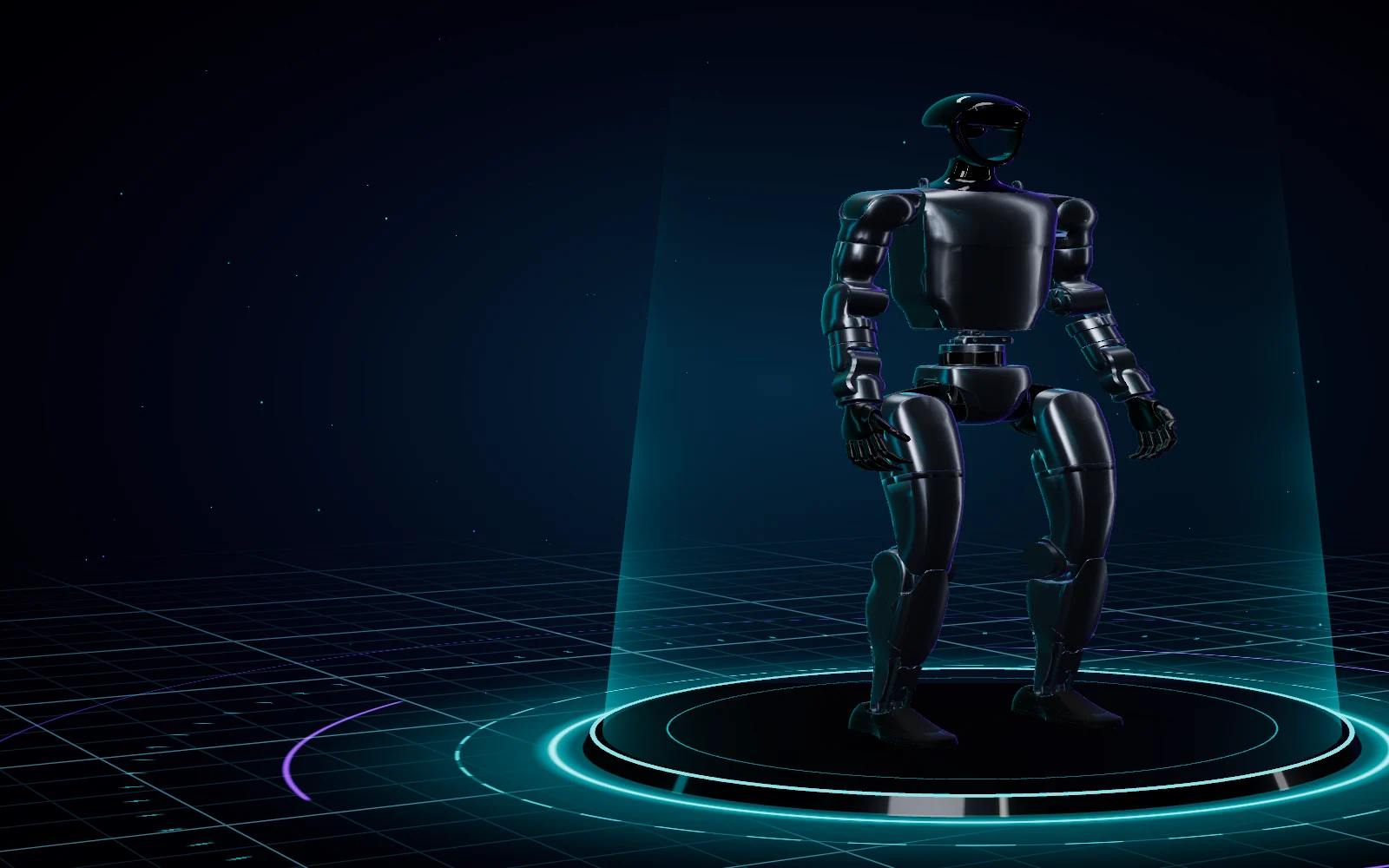 Humanoidni robot Unitree G1 na svetlečem podstavku v temnem studiu